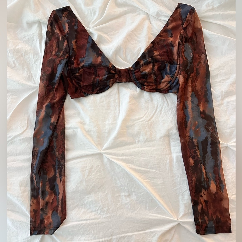 Brown and Blue Long Sleeve Going Out Crop Top Size S